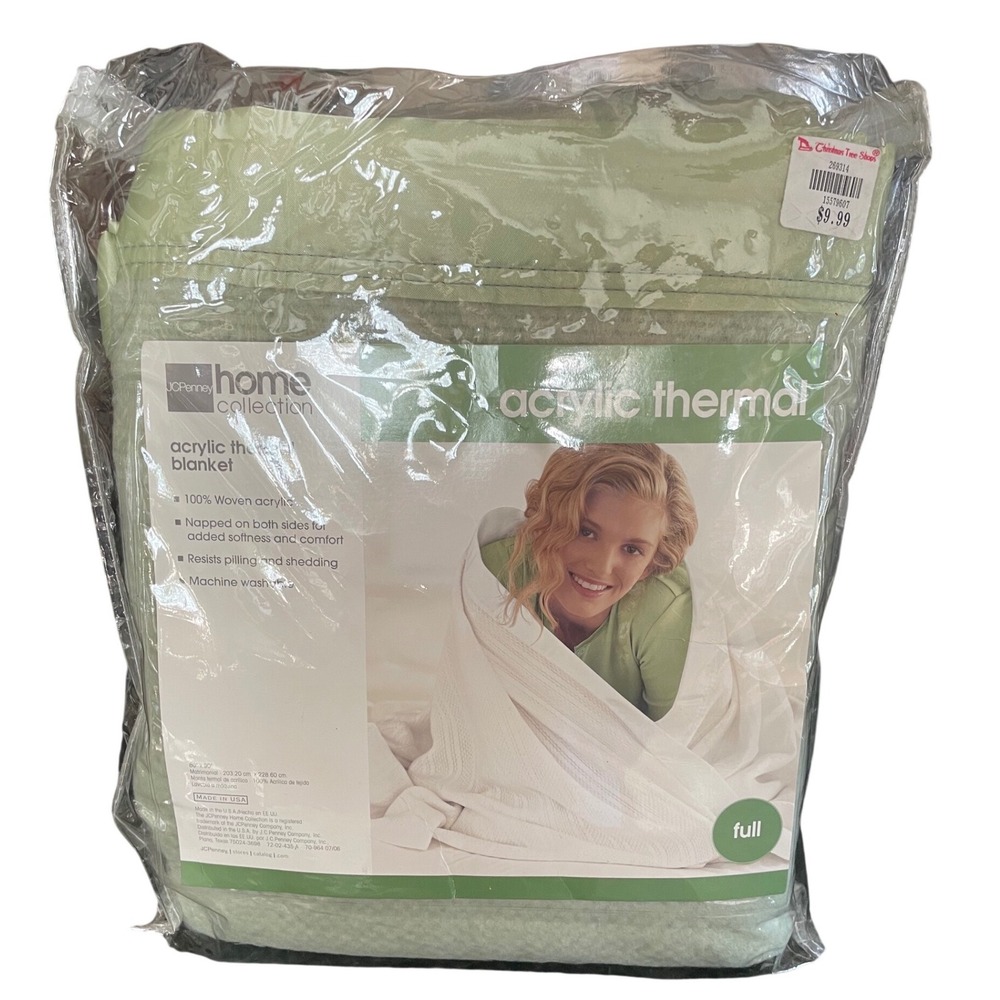 Vtg JCPenney Home Collection Acrylic Thermal Blanket Full Size Sage Green NOS